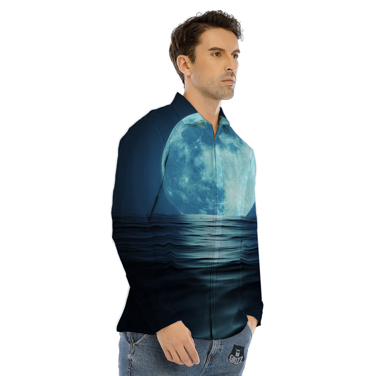Moonlight And The Sea Print Men's Dress Shirts-grizzshop
