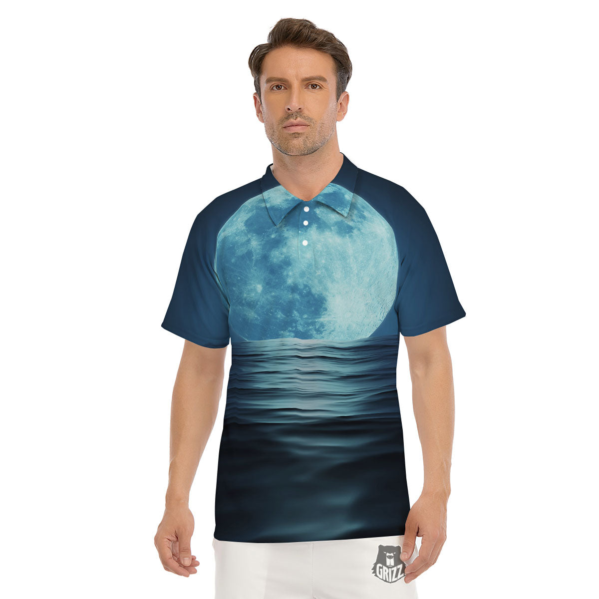 Moonlight And The Sea Print Men's Golf Shirts-grizzshop