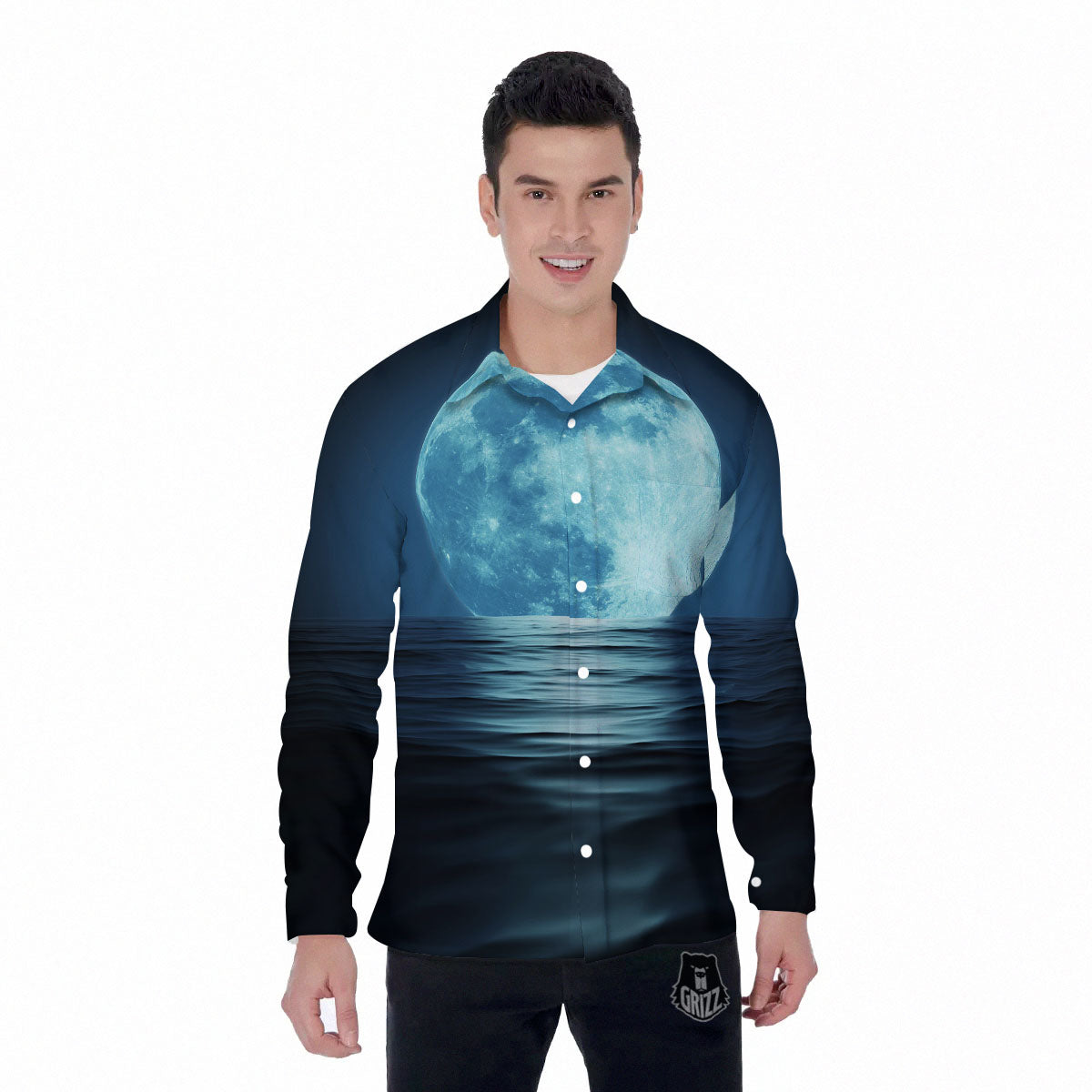 Moonlight And The Sea Print Men's Long Sleeve Shirts-grizzshop