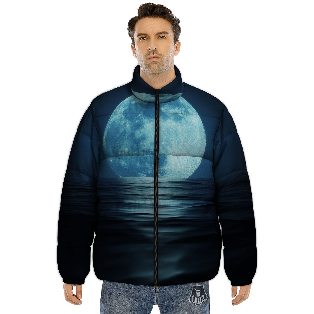 Moonlight And The Sea Print Puffer Jacket-grizzshop