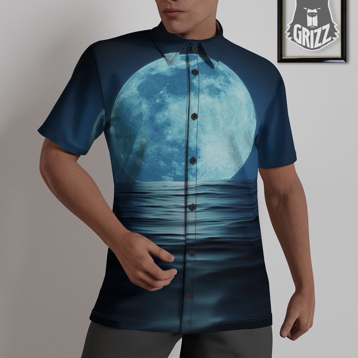 Moonlight And The Sea Print Untucked Shirts-grizzshop