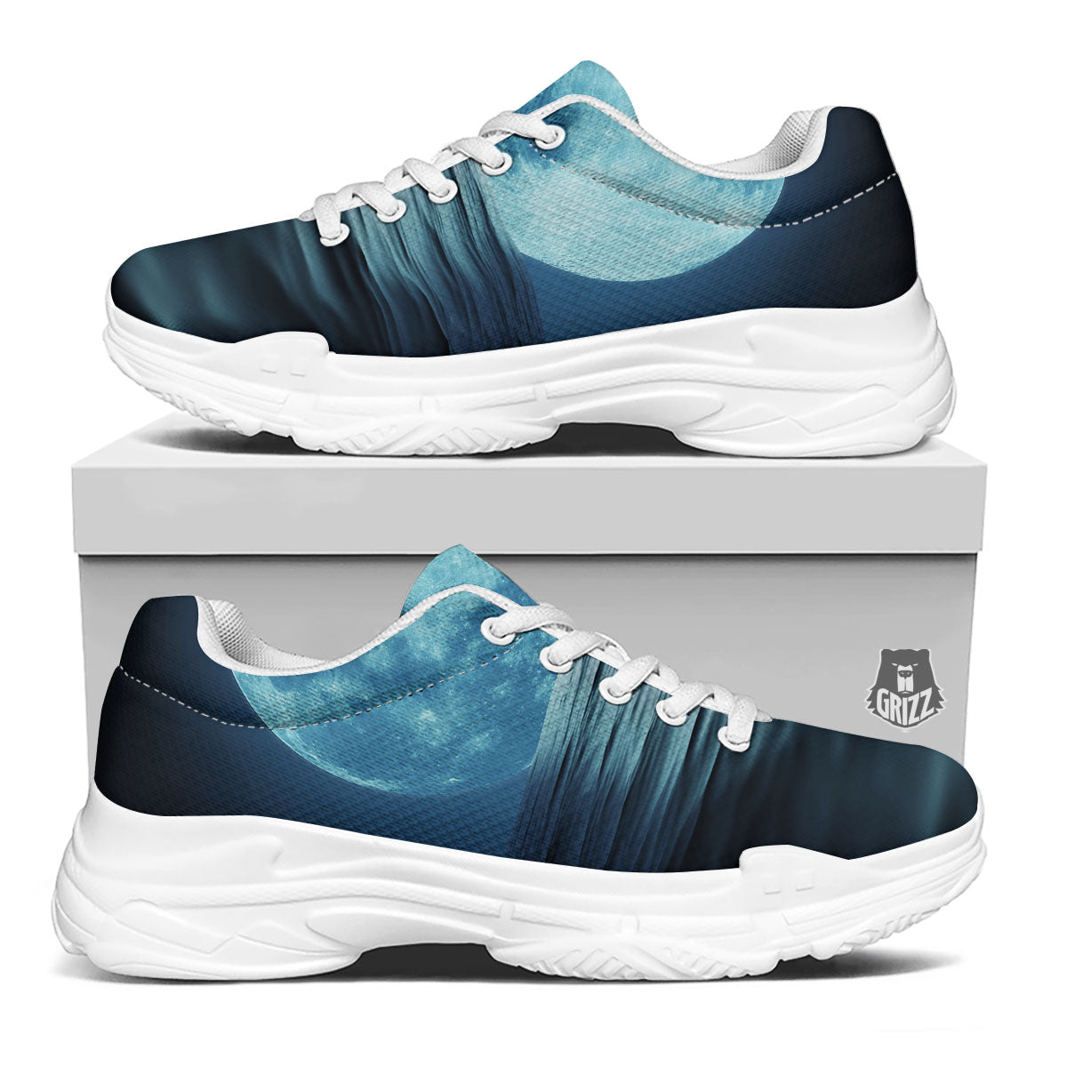 Moonlight And The Sea Print White Chunky Shoes-grizzshop
