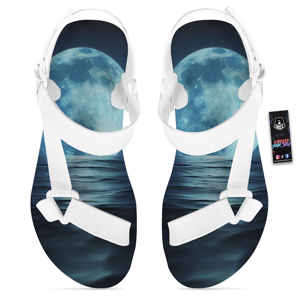 Moonlight And The Sea Print White Open Toe Sandals-grizzshop