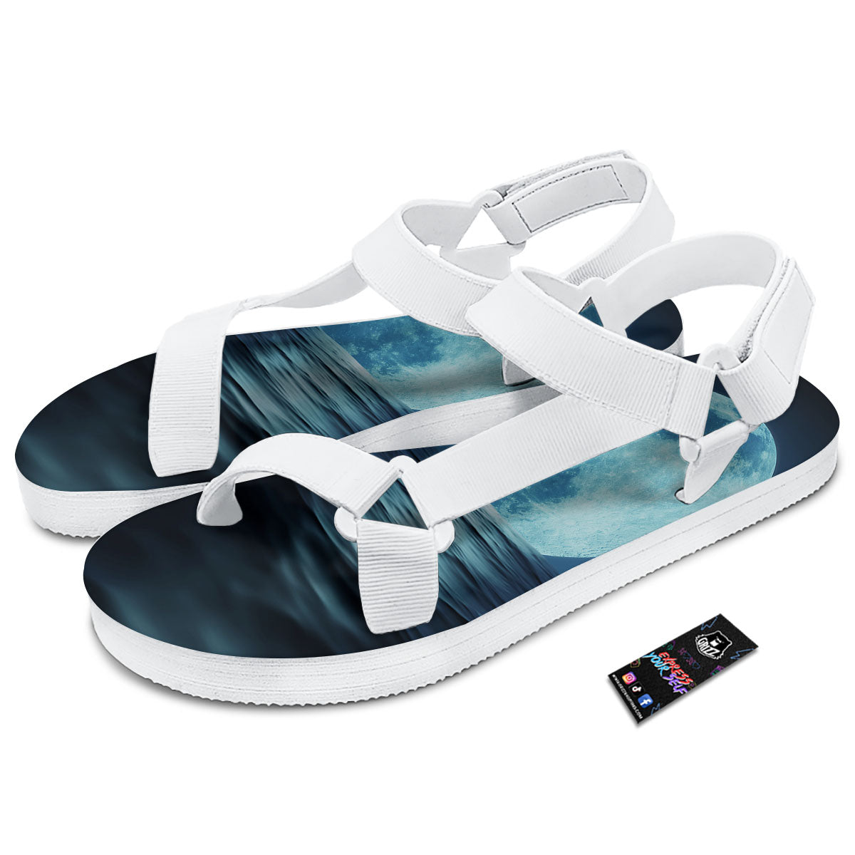Moonlight And The Sea Print White Open Toe Sandals-grizzshop