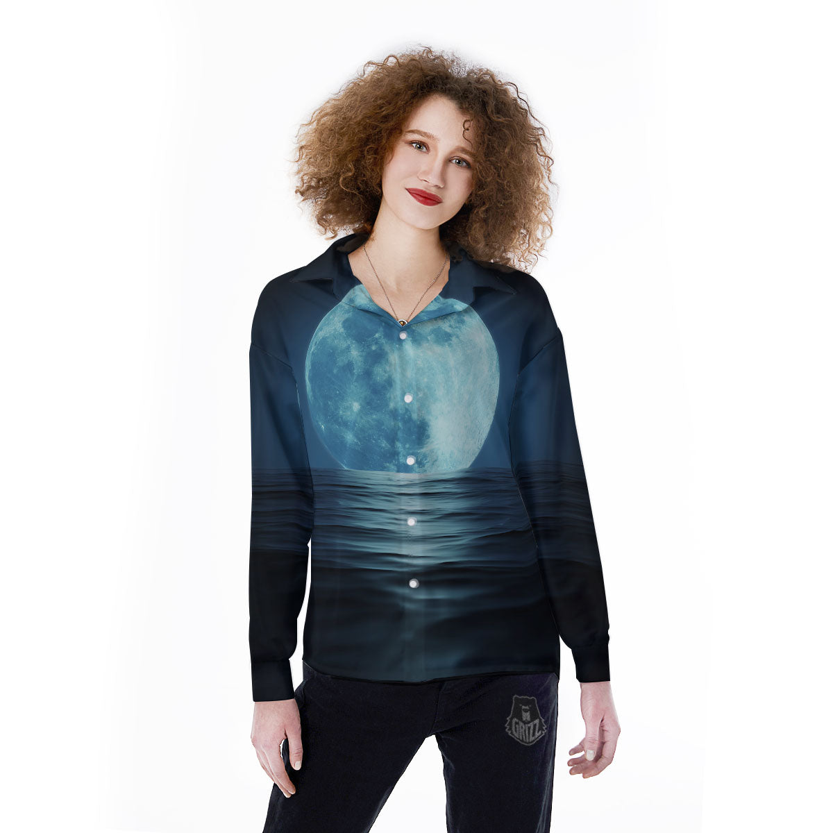 Moonlight And The Sea Print Women's Long Sleeve Shirts-grizzshop