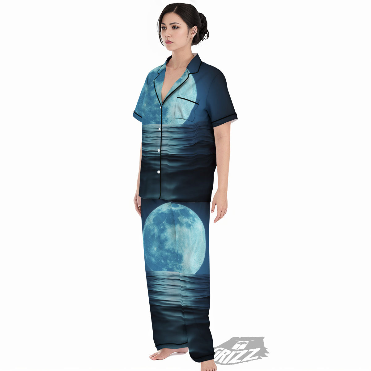 Moonlight And The Sea Print Women's Pajamas Set-grizzshop