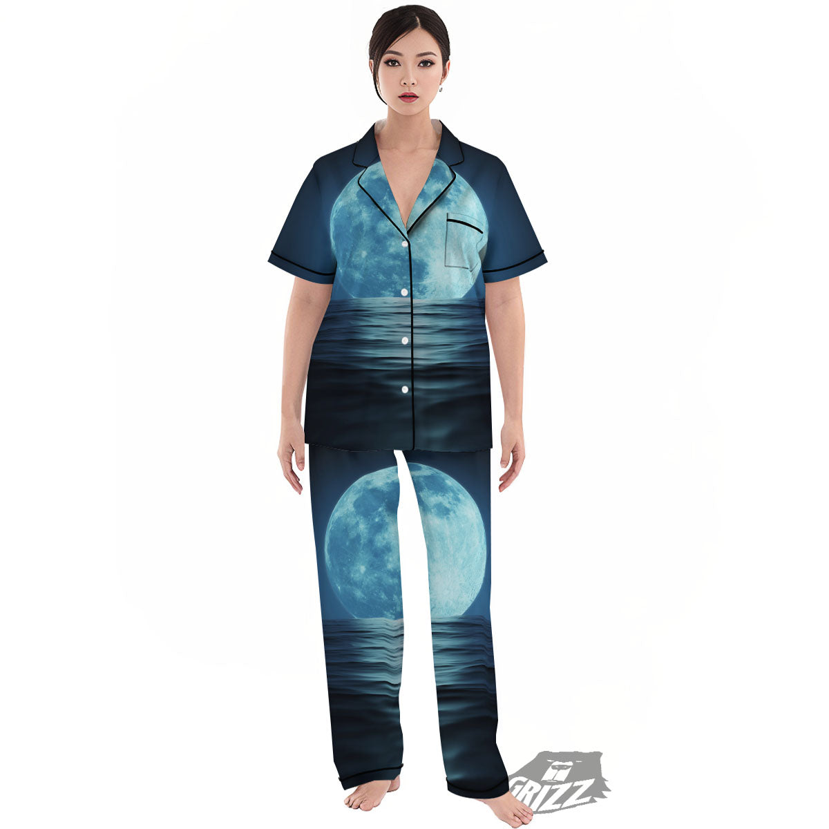 Moonlight And The Sea Print Women's Pajamas Set-grizzshop