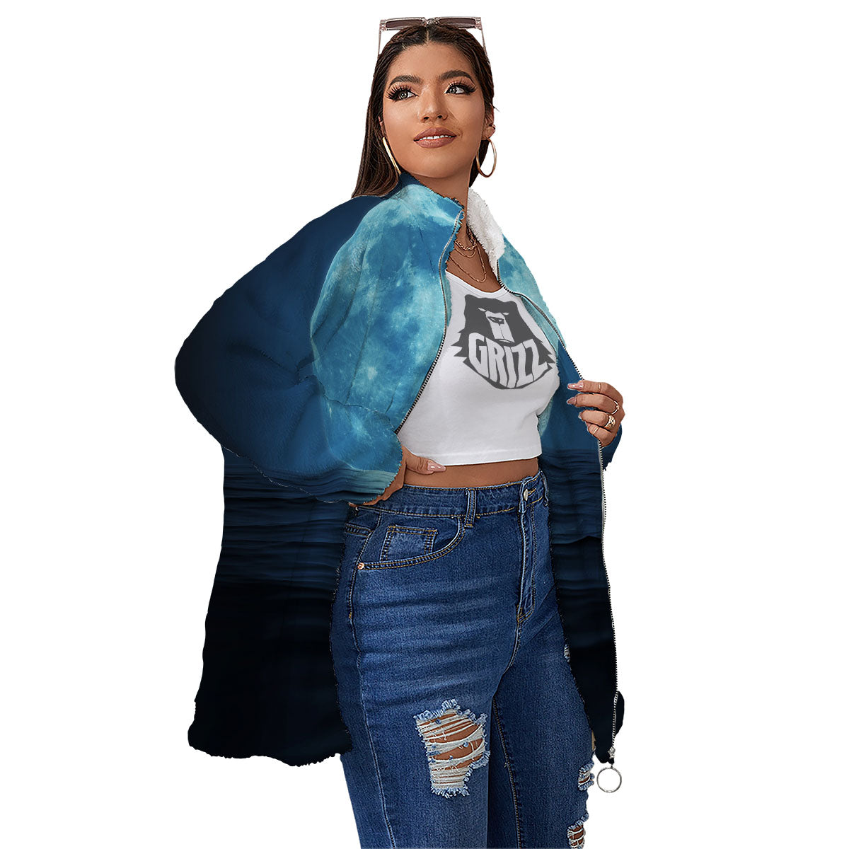 Moonlight And The Sea Print Women's Sherpa Jacket-grizzshop