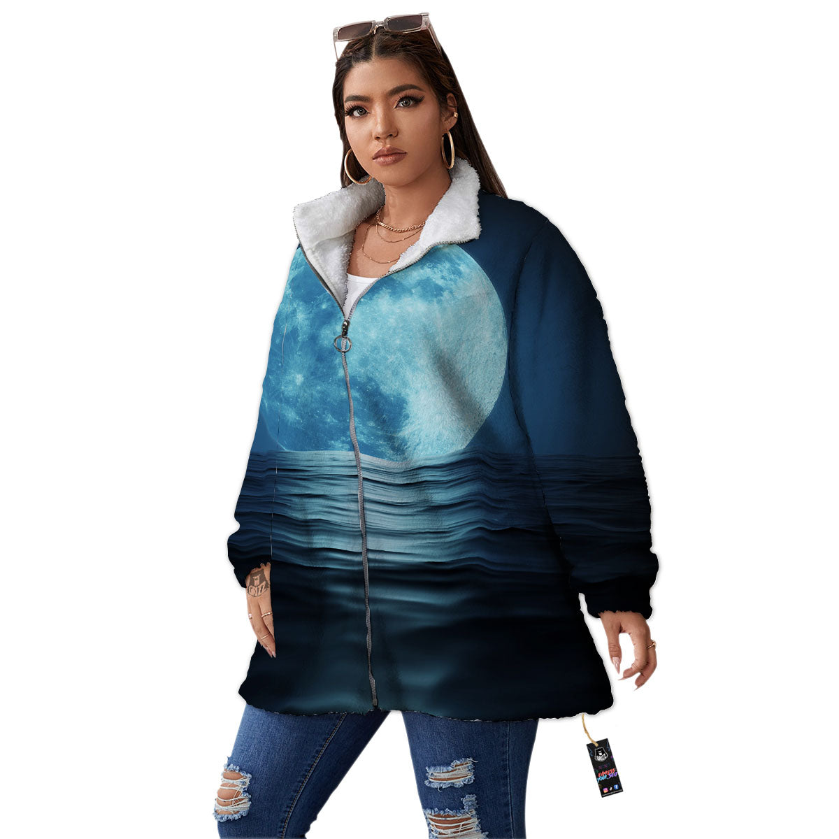 Moonlight And The Sea Print Women's Sherpa Jacket-grizzshop