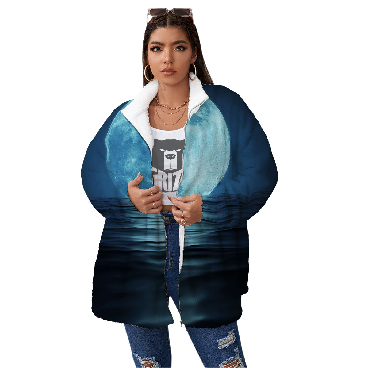 Moonlight And The Sea Print Women's Sherpa Jacket-grizzshop