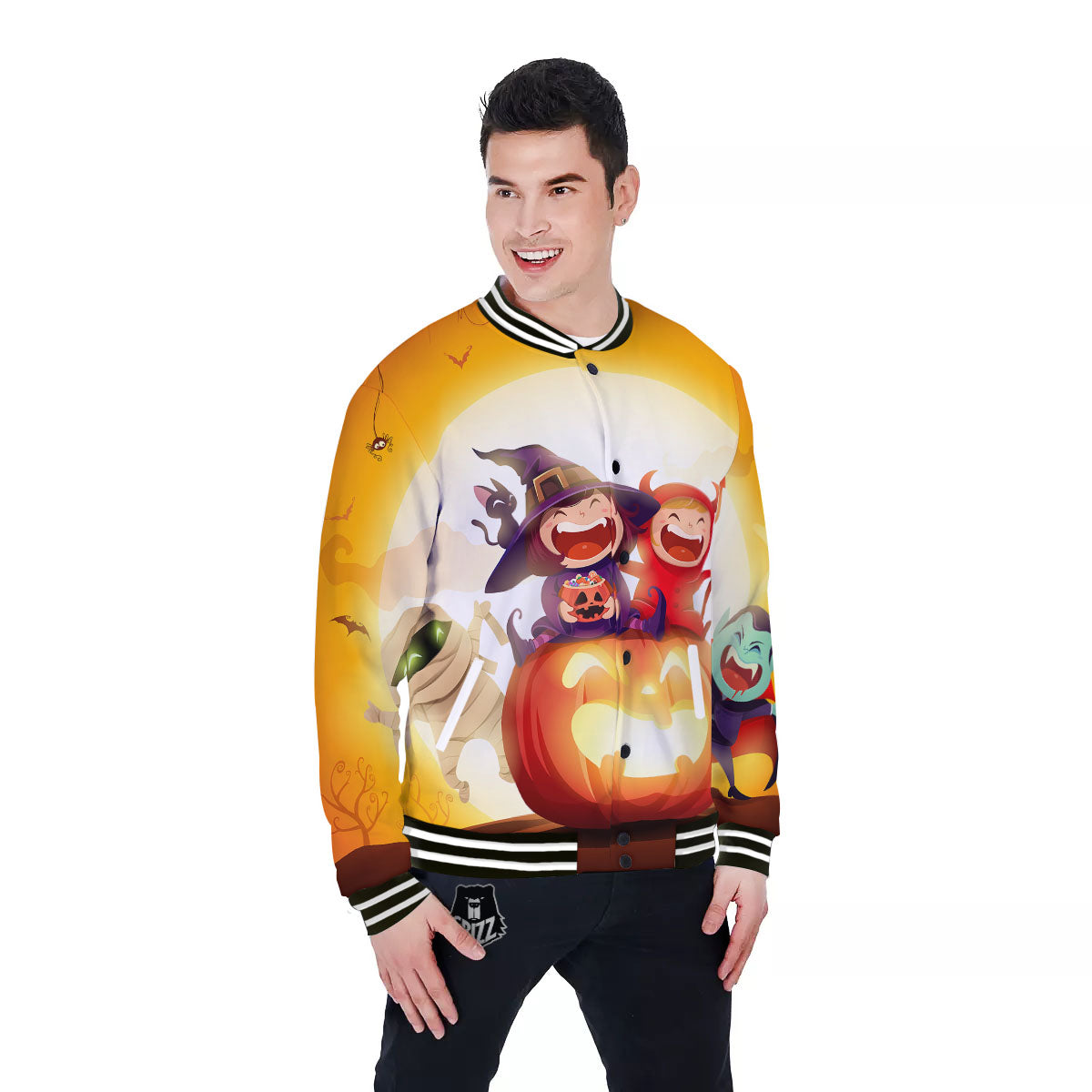 Moonlight Halloween Print Baseball Jacket-grizzshop