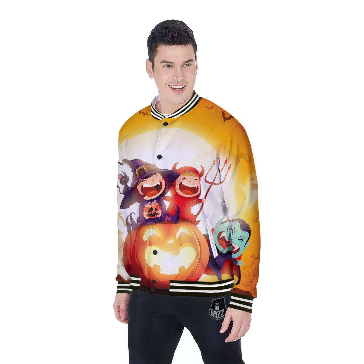 Moonlight Halloween Print Baseball Jacket-grizzshop