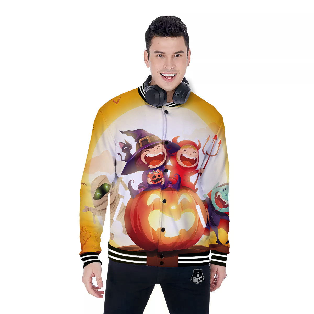 Moonlight Halloween Print Baseball Jacket-grizzshop