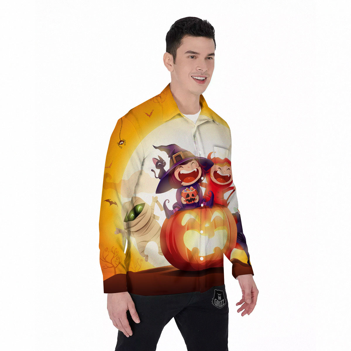 Moonlight Halloween Print Men's Long Sleeve Shirts-grizzshop