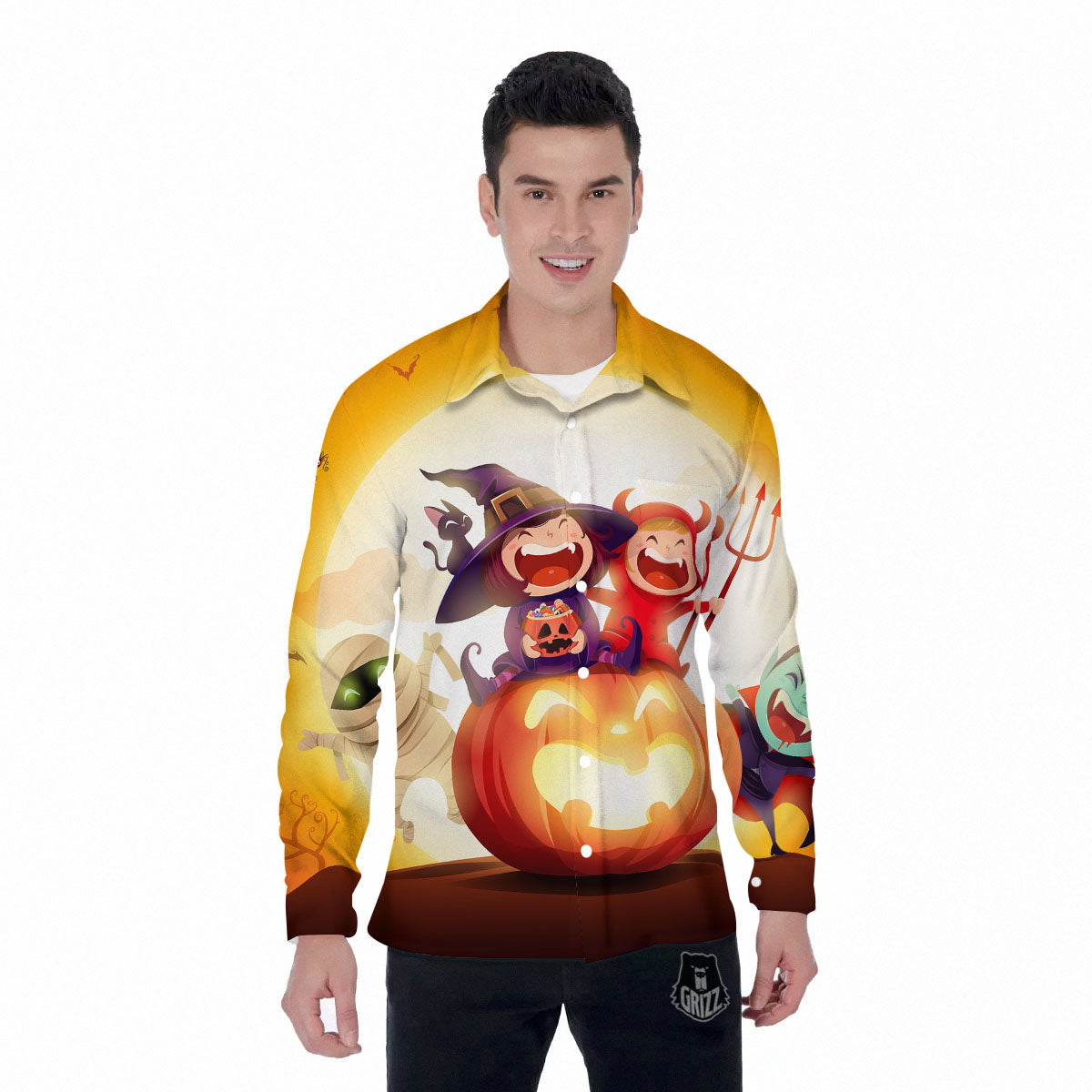 Moonlight Halloween Print Men's Long Sleeve Shirts-grizzshop