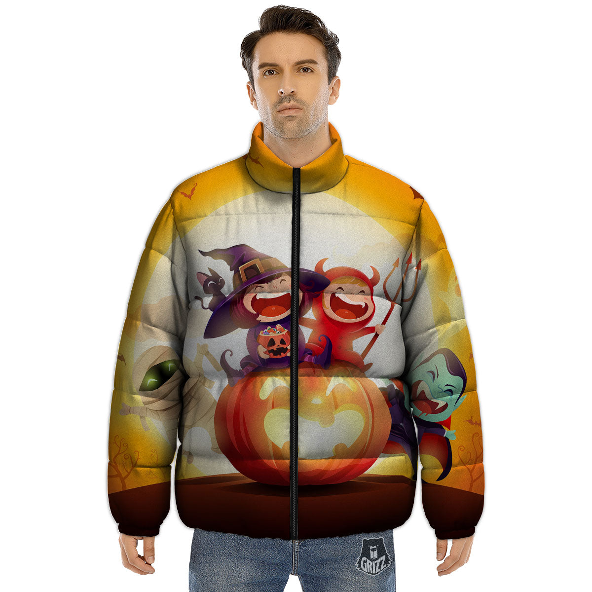 Moonlight Halloween Print Puffer Jacket-grizzshop