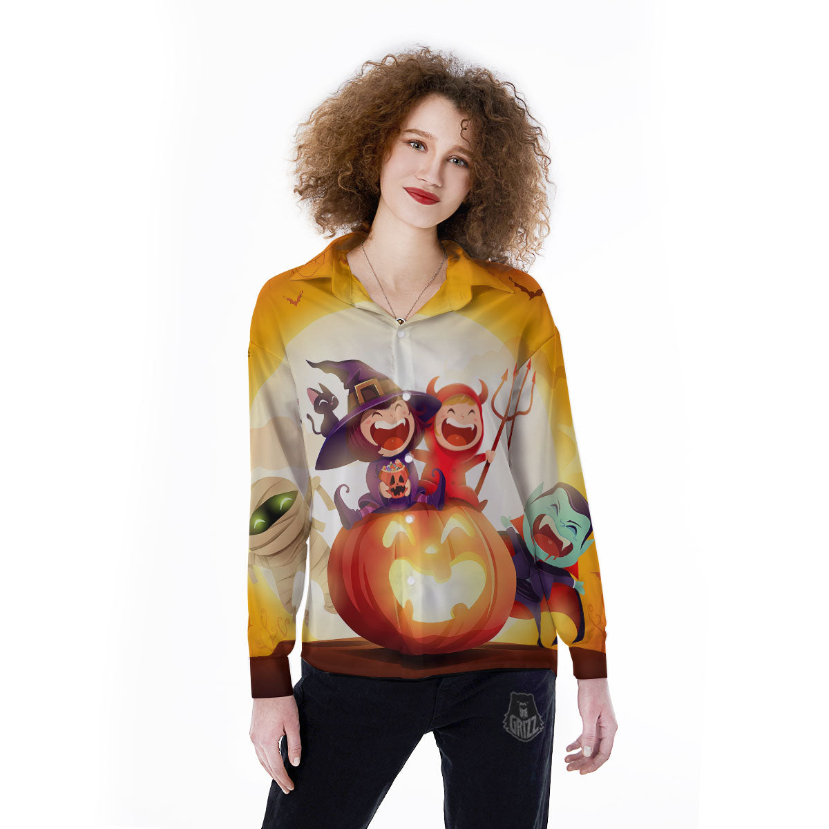 Moonlight Halloween Print Women's Long Sleeve Shirts-grizzshop