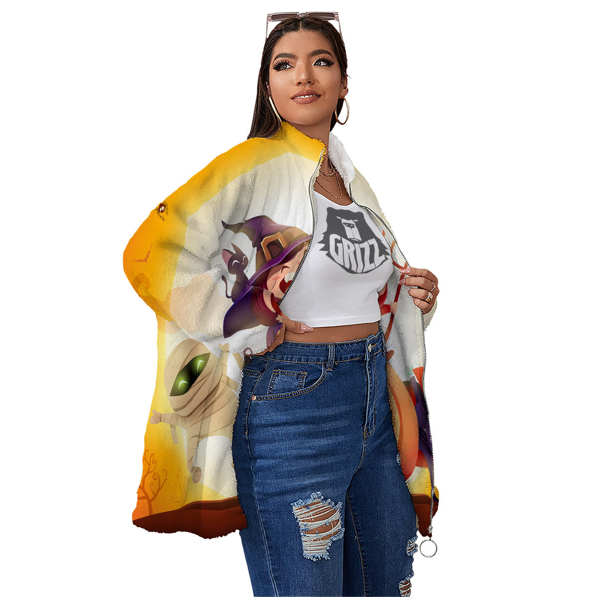 Moonlight Halloween Print Women's Sherpa Jacket-grizzshop