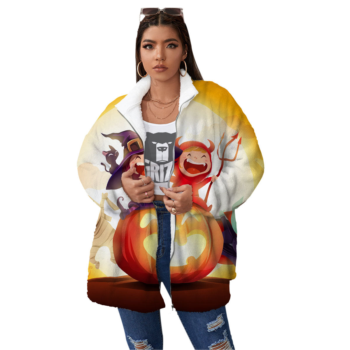 Moonlight Halloween Print Women's Sherpa Jacket-grizzshop