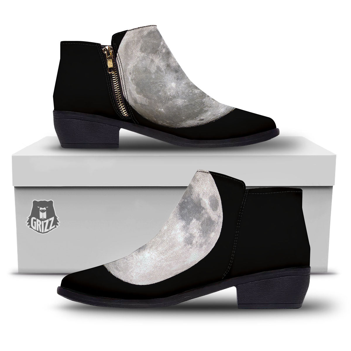 Moonlight White And Black Print Ankle Boots-grizzshop