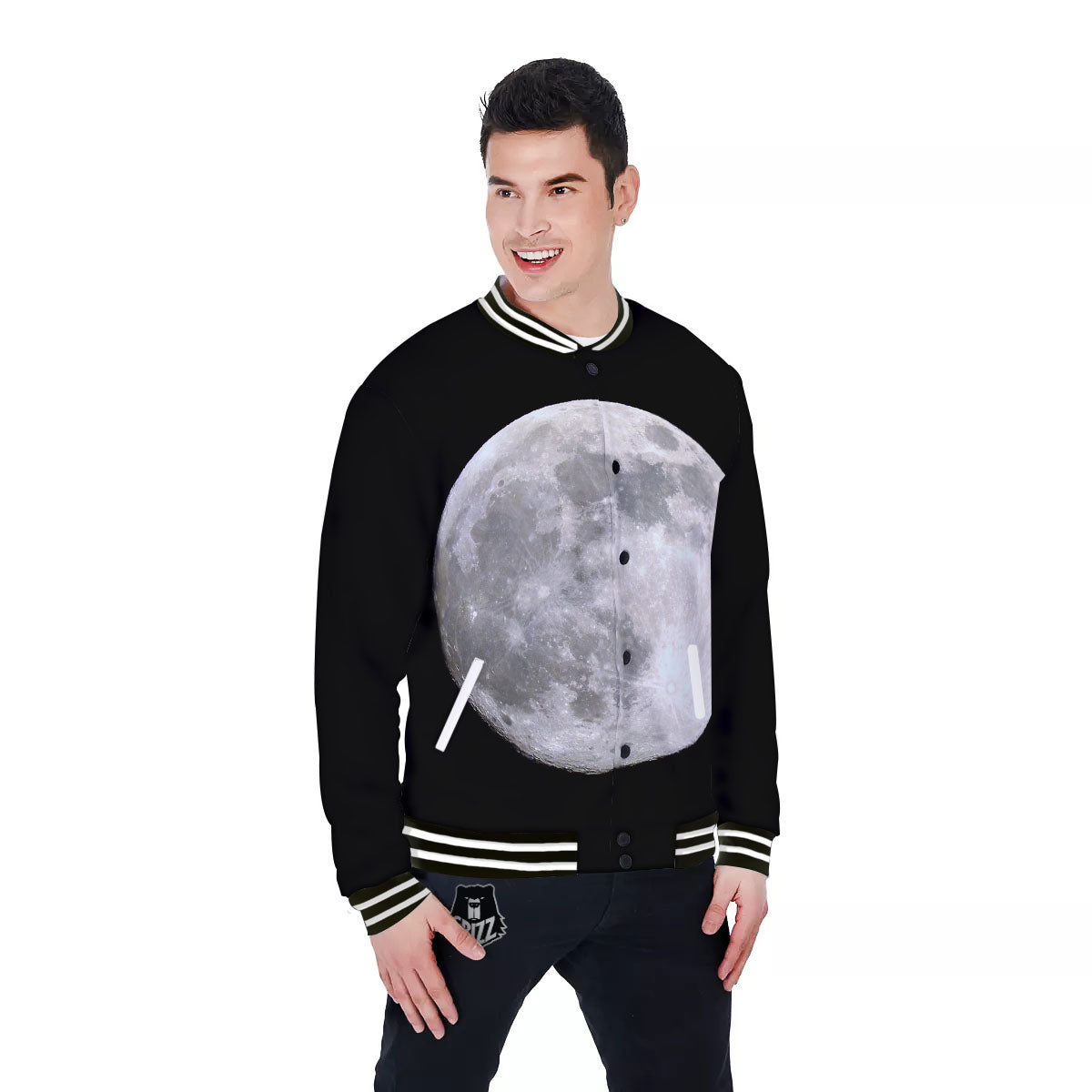 Moonlight White And Black Print Baseball Jacket-grizzshop