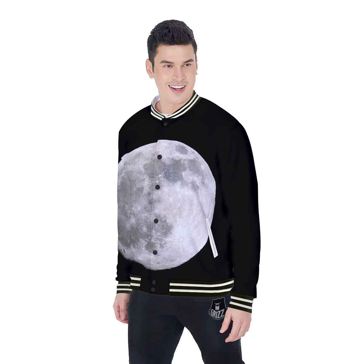 Moonlight White And Black Print Baseball Jacket-grizzshop