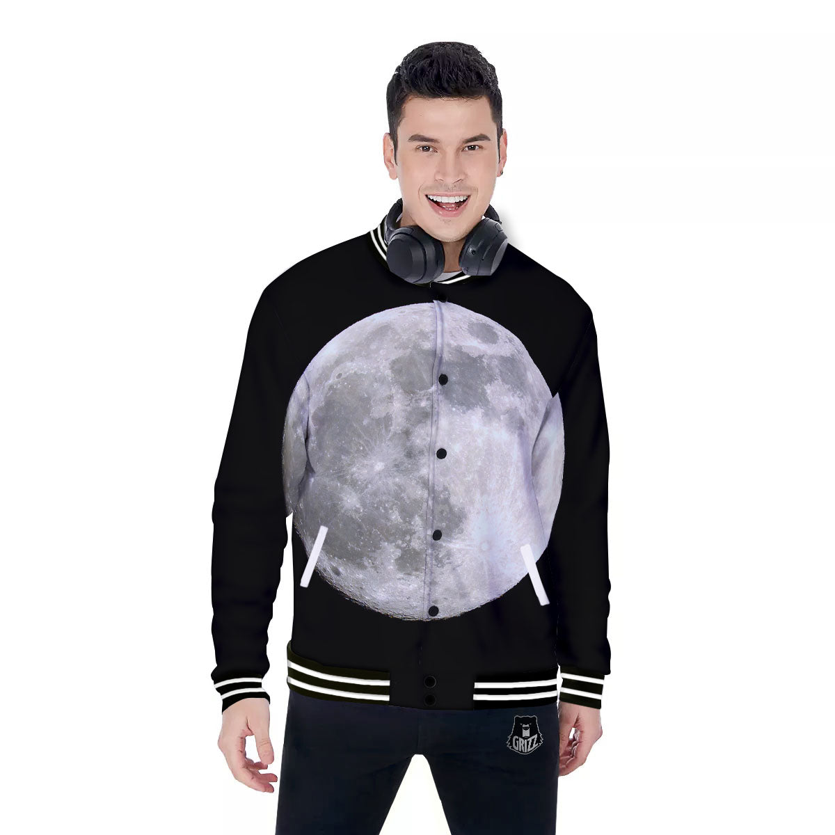 Moonlight White And Black Print Baseball Jacket-grizzshop