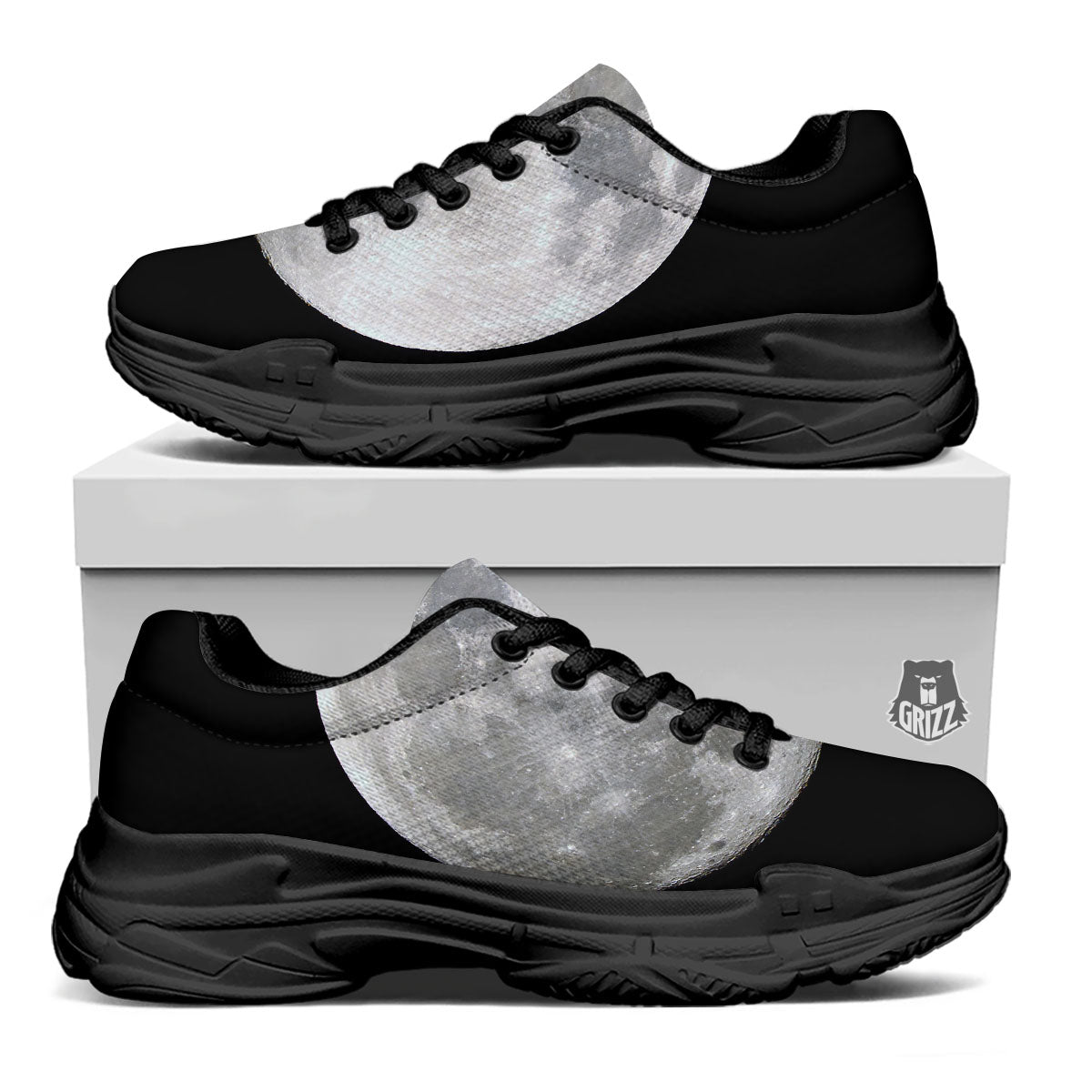 Moonlight White And Black Print Black Chunky Shoes-grizzshop