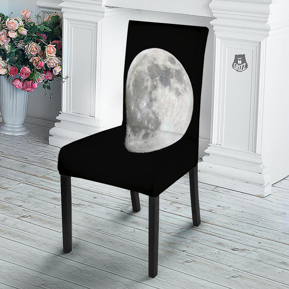 Moonlight White And Black Print Dining Chair Slipcover-grizzshop