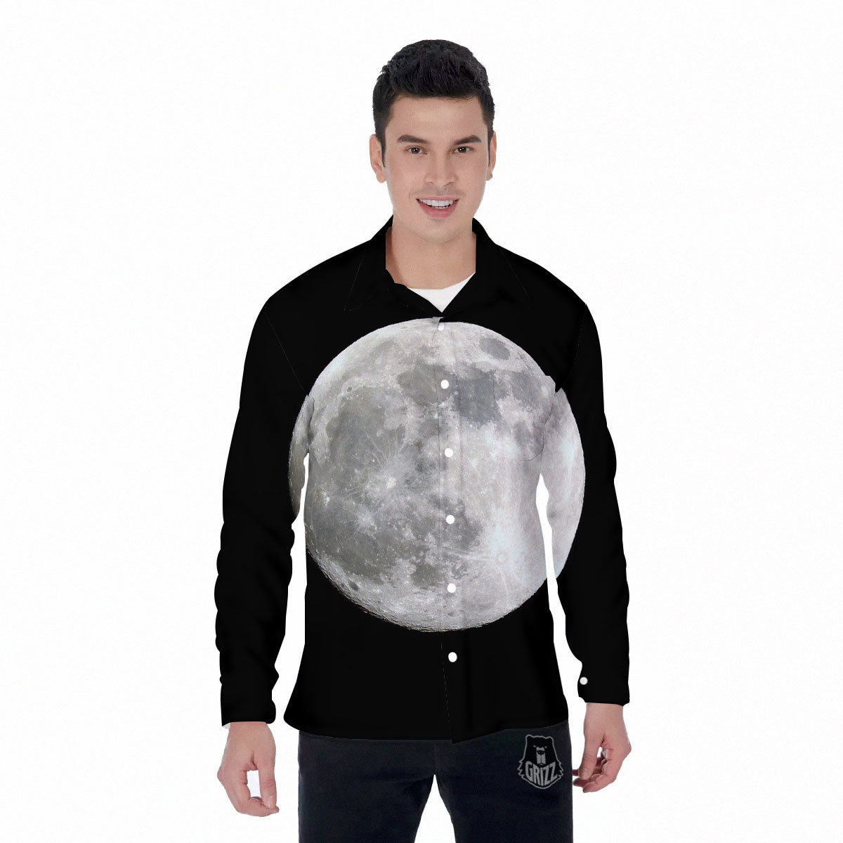 Moonlight White And Black Print Men's Long Sleeve Shirts-grizzshop