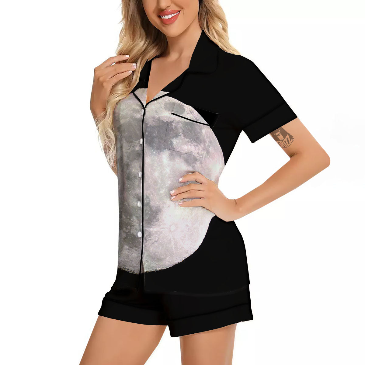 Moonlight White And Black Print Women Silk Pajamas-grizzshop