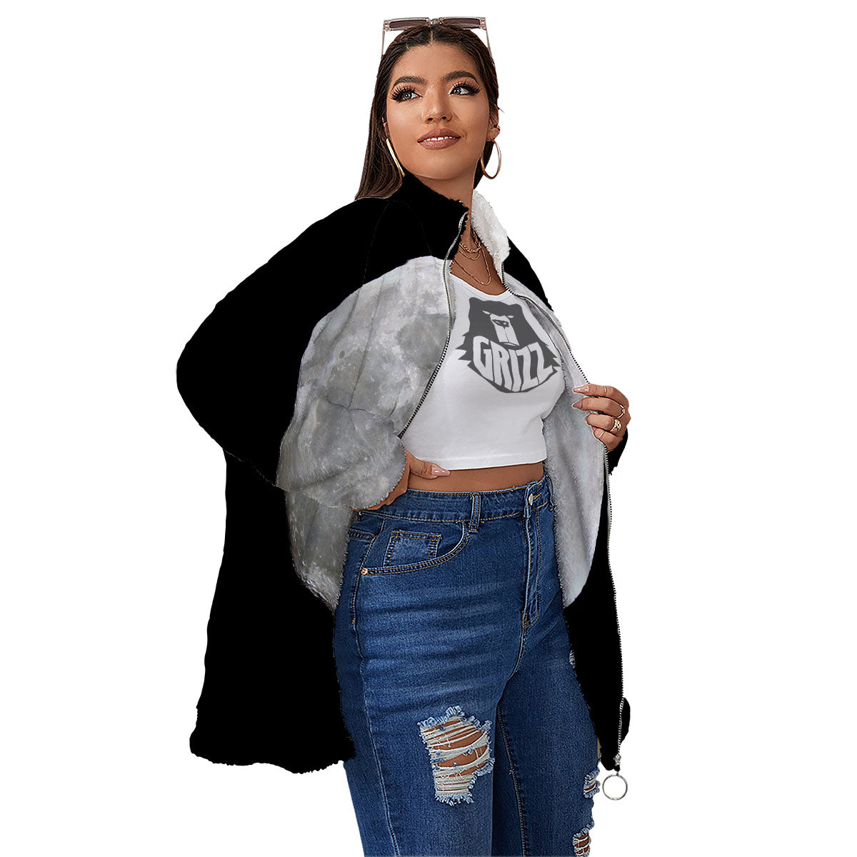 Moonlight White And Black Print Women's Sherpa Jacket-grizzshop