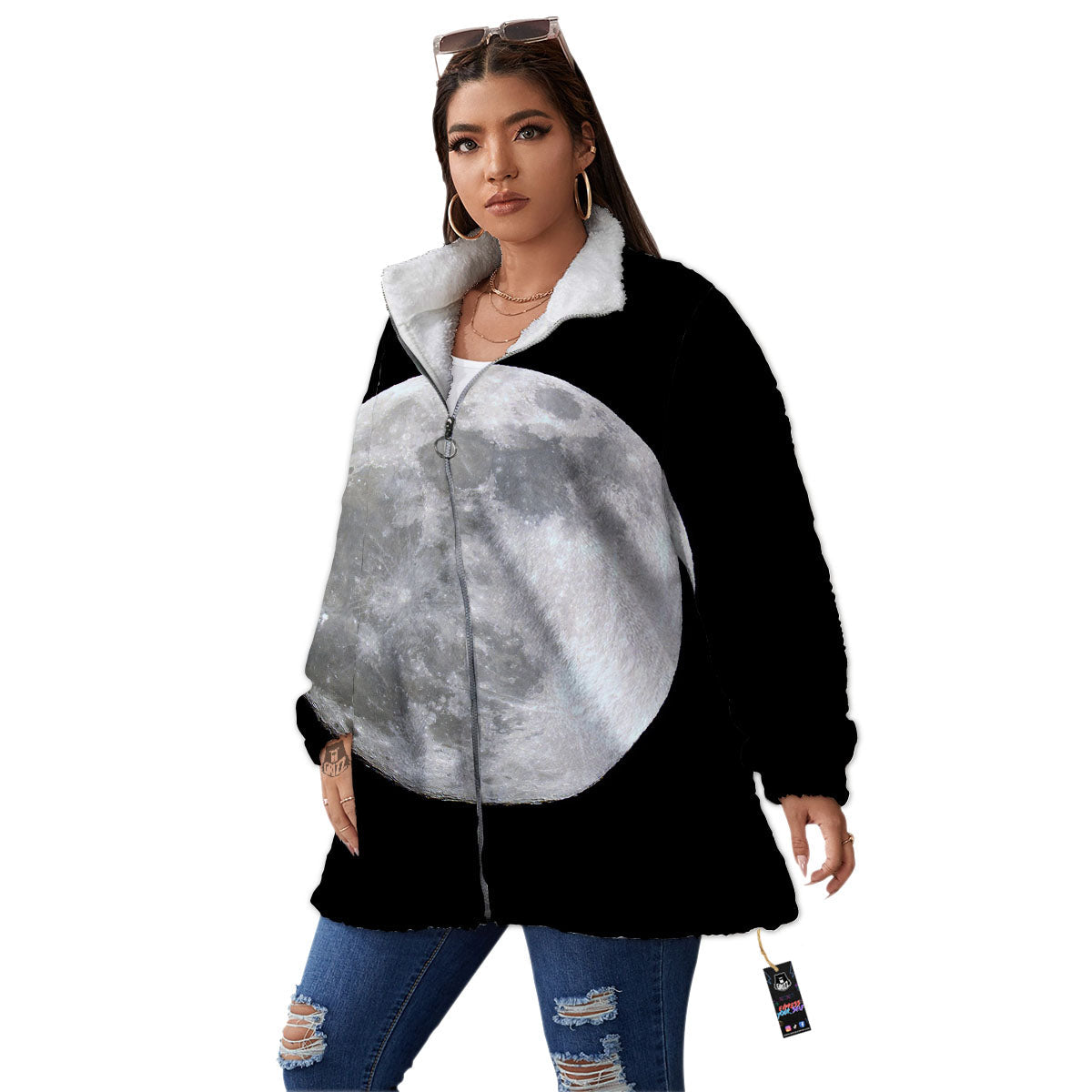 Moonlight White And Black Print Women's Sherpa Jacket-grizzshop