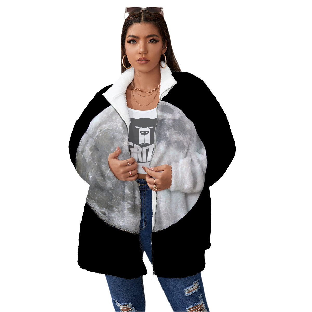 Moonlight White And Black Print Women's Sherpa Jacket-grizzshop