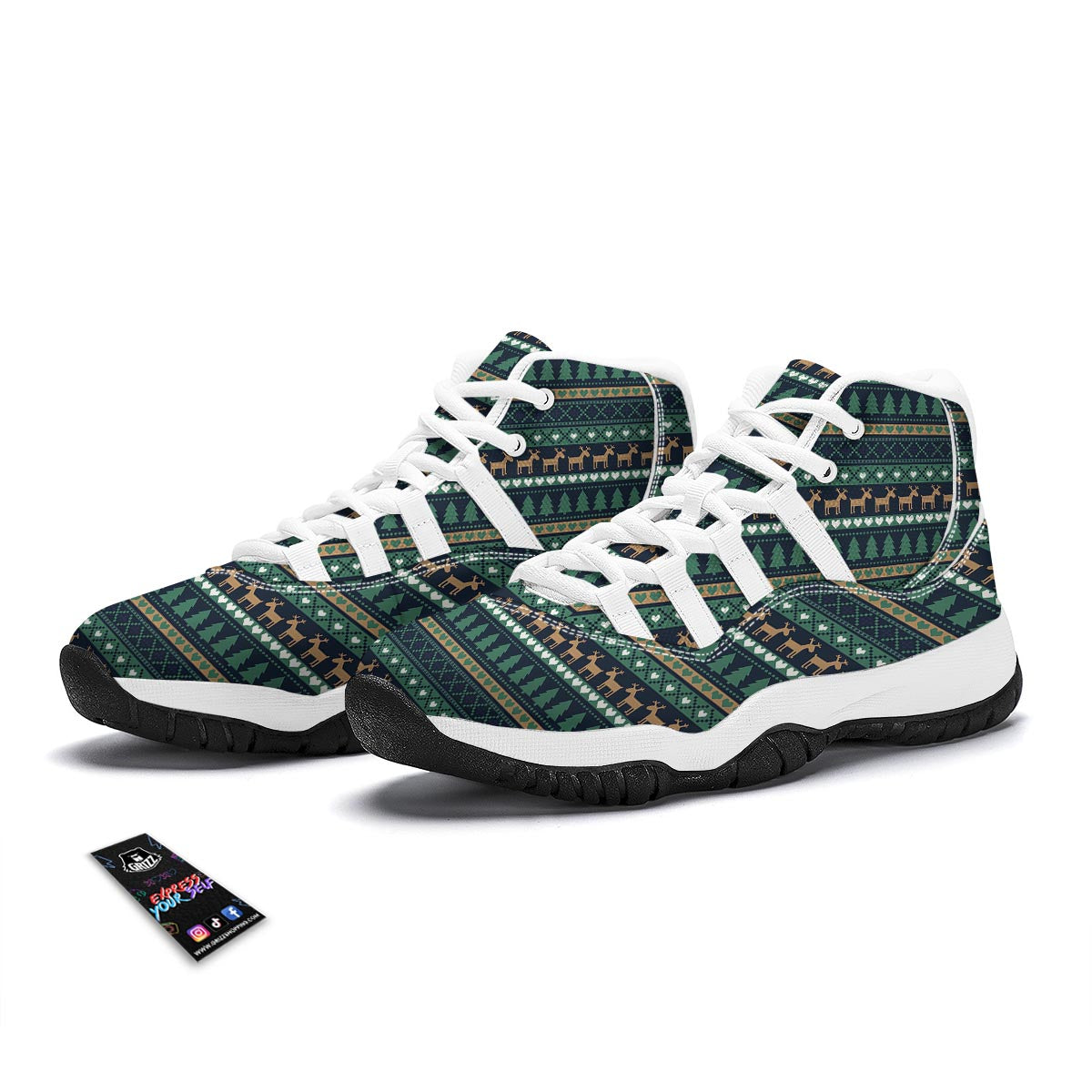 Moose Christmas Tree Pattern Print White Bball Shoes-grizzshop