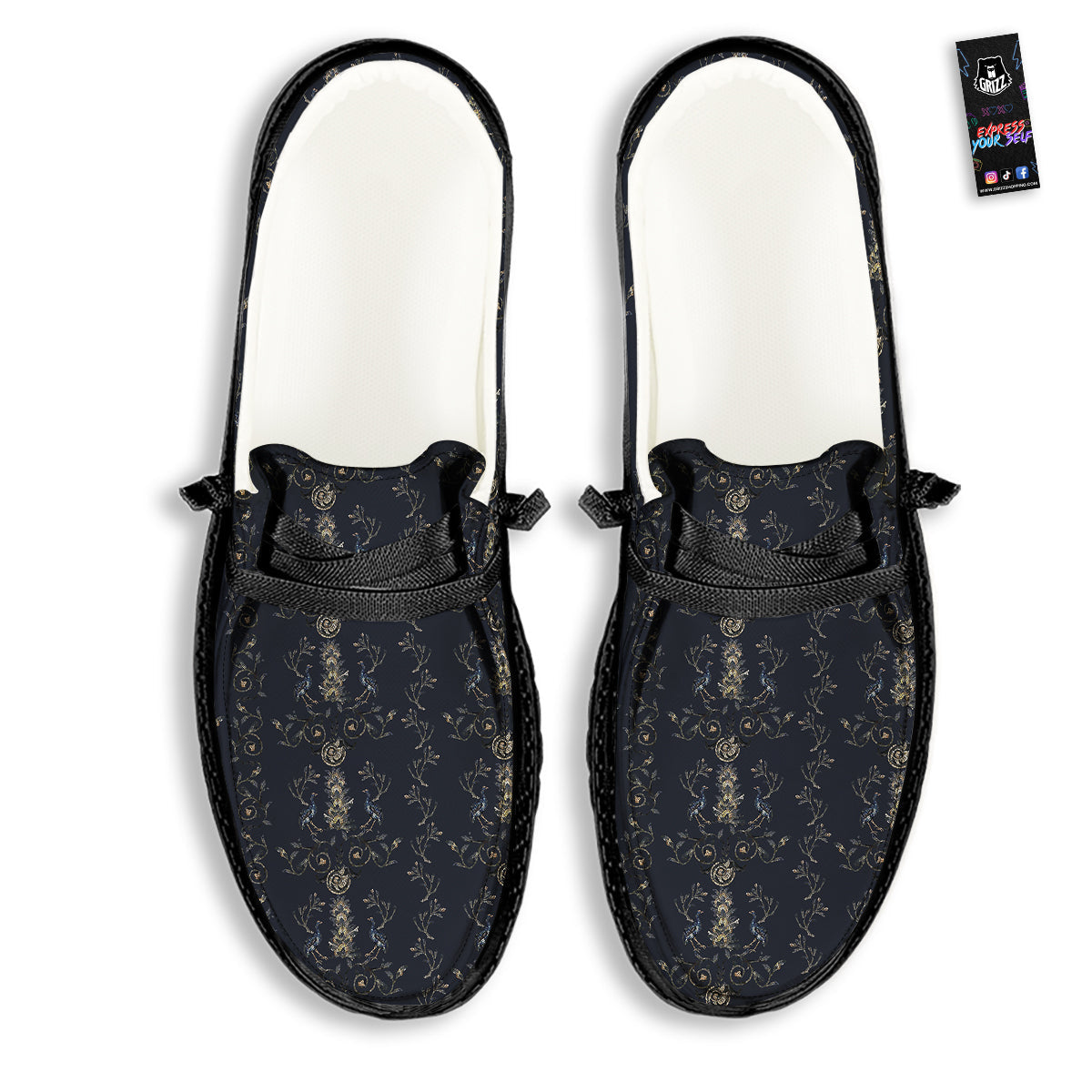 Mosaic Bird Pattern Black Loafers-grizzshop