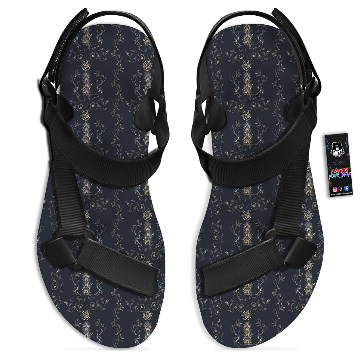 Mosaic Bird Pattern Black Open Toe Sandals-grizzshop