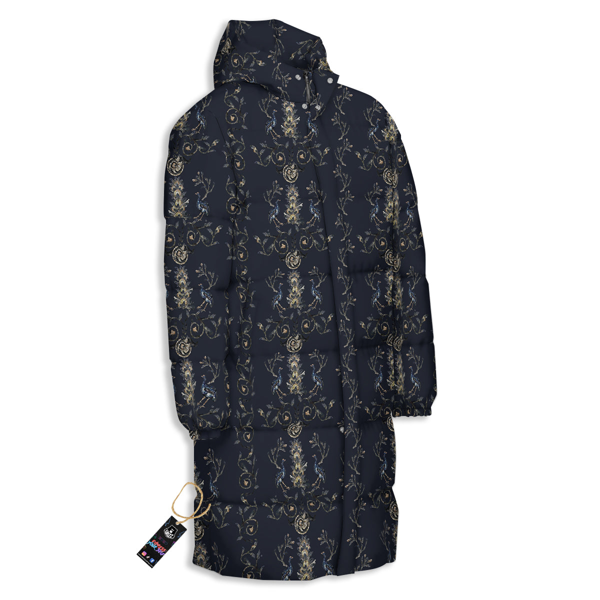 Mosaic Bird Pattern Long Down Jacket-grizzshop