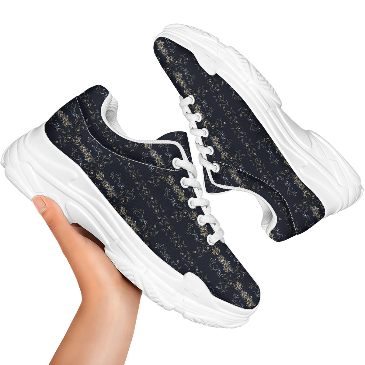 Mosaic Bird Pattern White Chunky Shoes-grizzshop