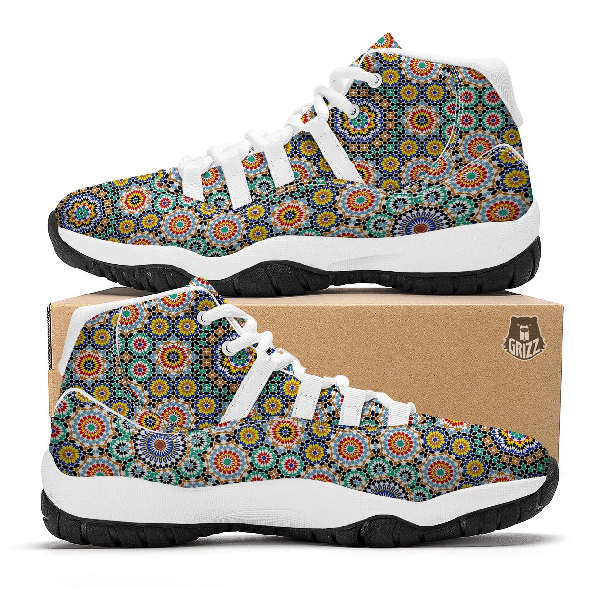 Mosaic Colorful Pattern Print White Bball Shoes-grizzshop