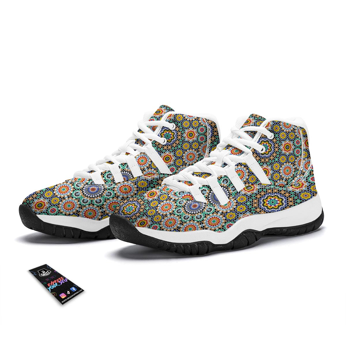 Mosaic Colorful Pattern Print White Bball Shoes-grizzshop