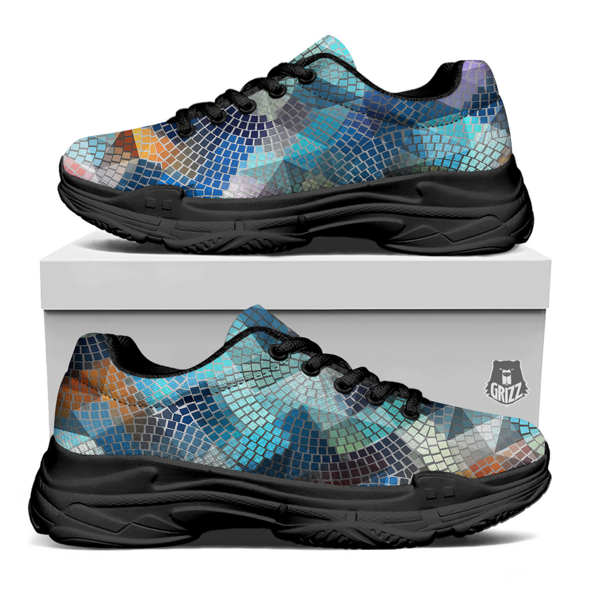 Mosaic Geometric Colorful Print Black Chunky Shoes-grizzshop