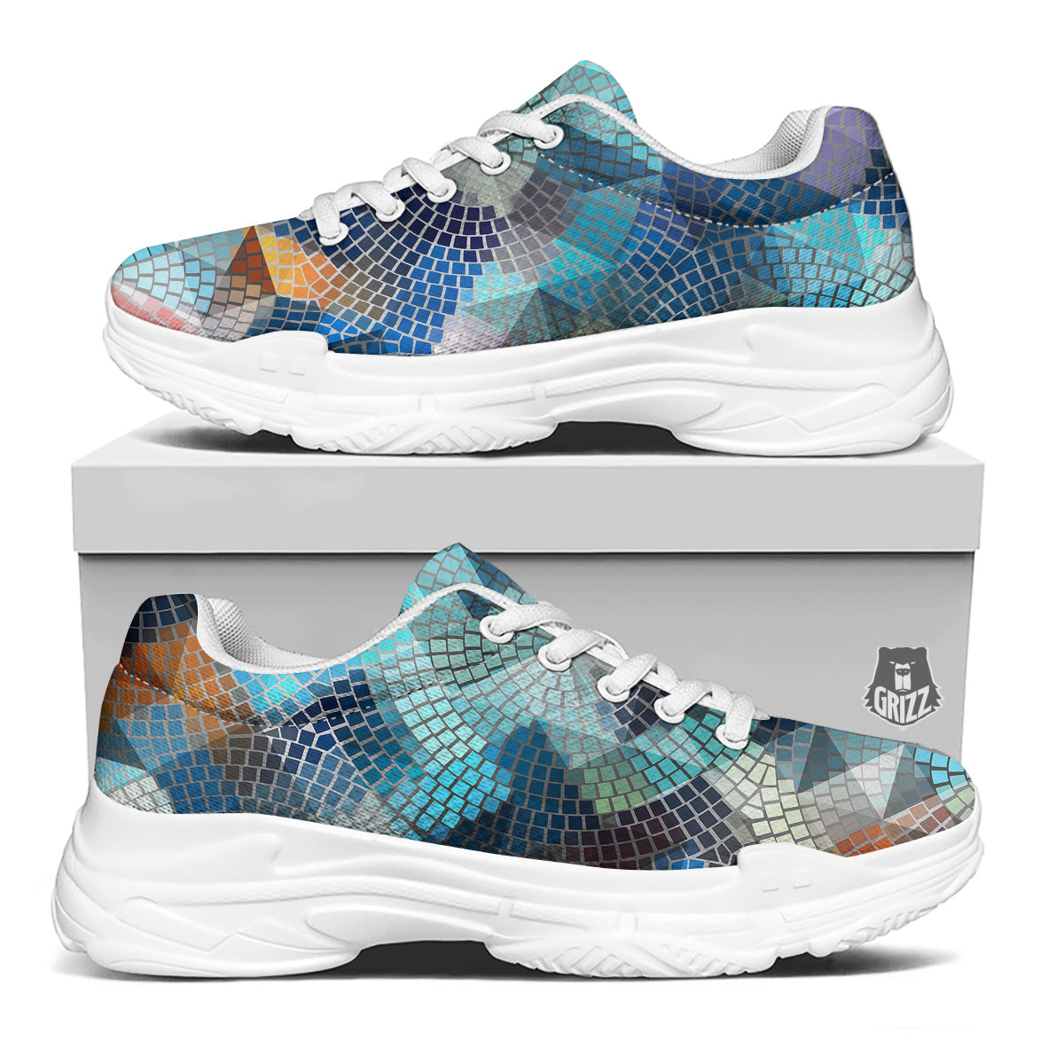 Mosaic Geometric Colorful Print White Chunky Shoes-grizzshop
