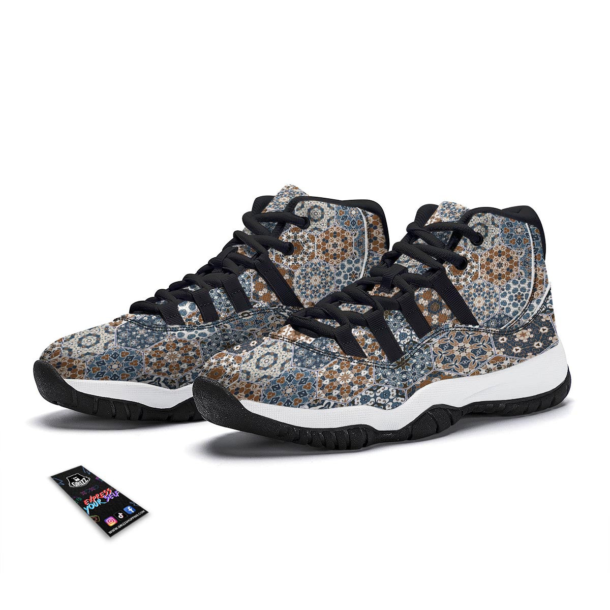Mosaic Print Pattern Black Bball Shoes-grizzshop