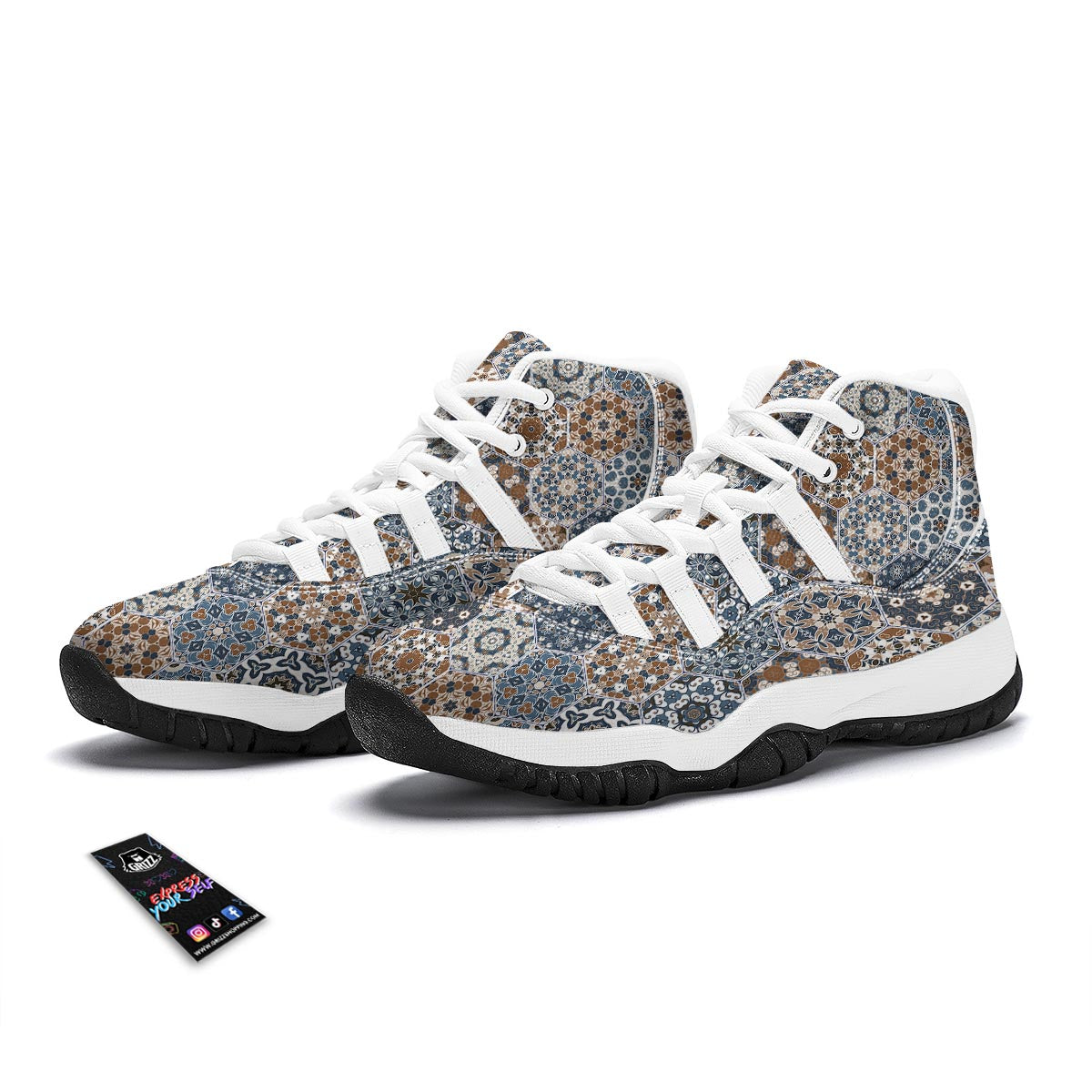 Mosaic Print Pattern White Bball Shoes-grizzshop