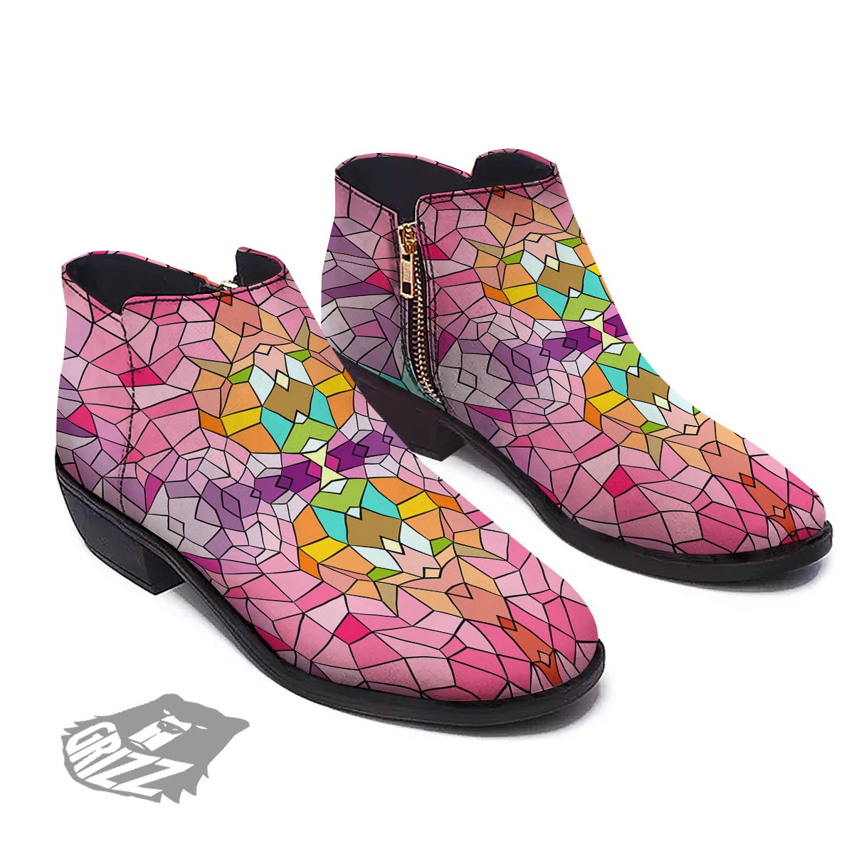 Mosaic Stained Glass Print Pattern Ankle Boots-grizzshop