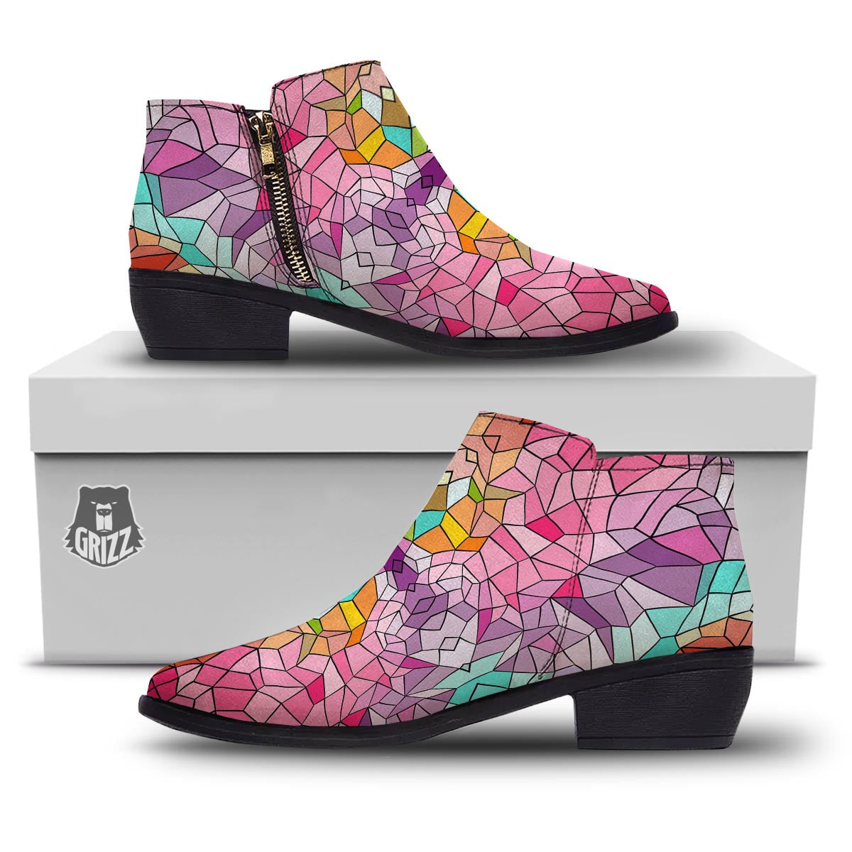 Mosaic Stained Glass Print Pattern Ankle Boots-grizzshop