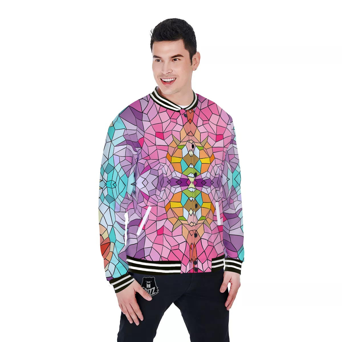 Mosaic Stained Glass Print Pattern Baseball Jacket-grizzshop