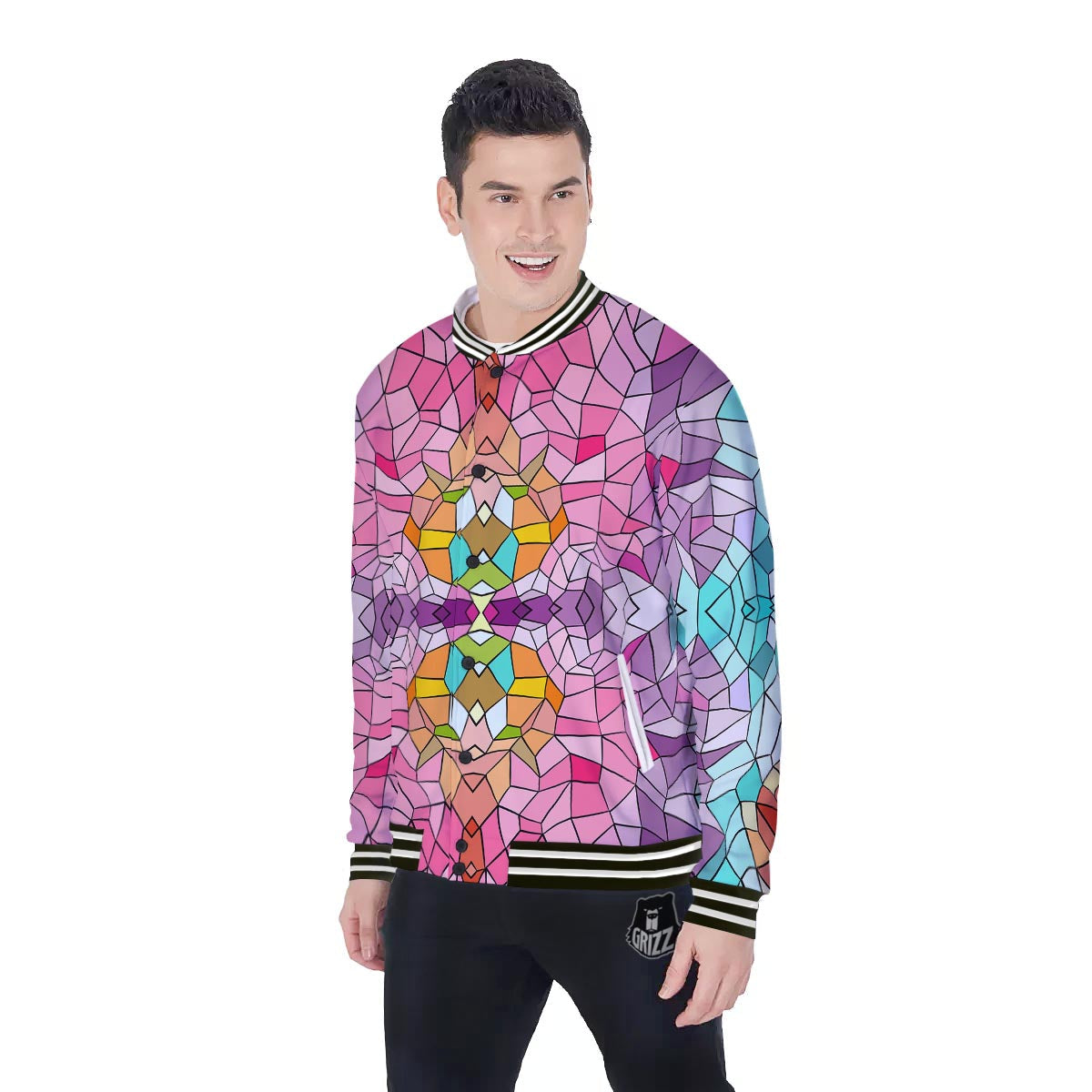 Mosaic Stained Glass Print Pattern Baseball Jacket-grizzshop