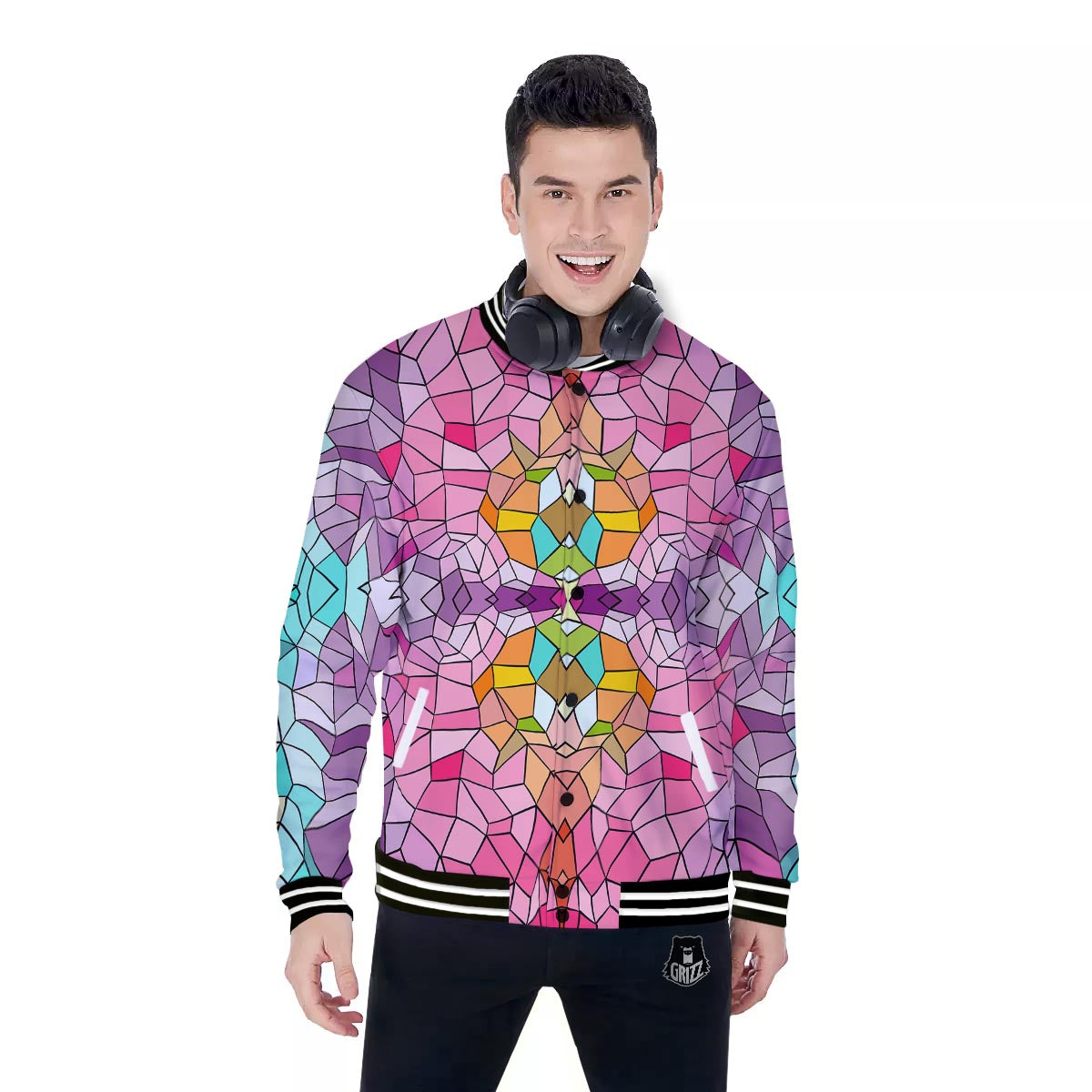Mosaic Stained Glass Print Pattern Baseball Jacket-grizzshop